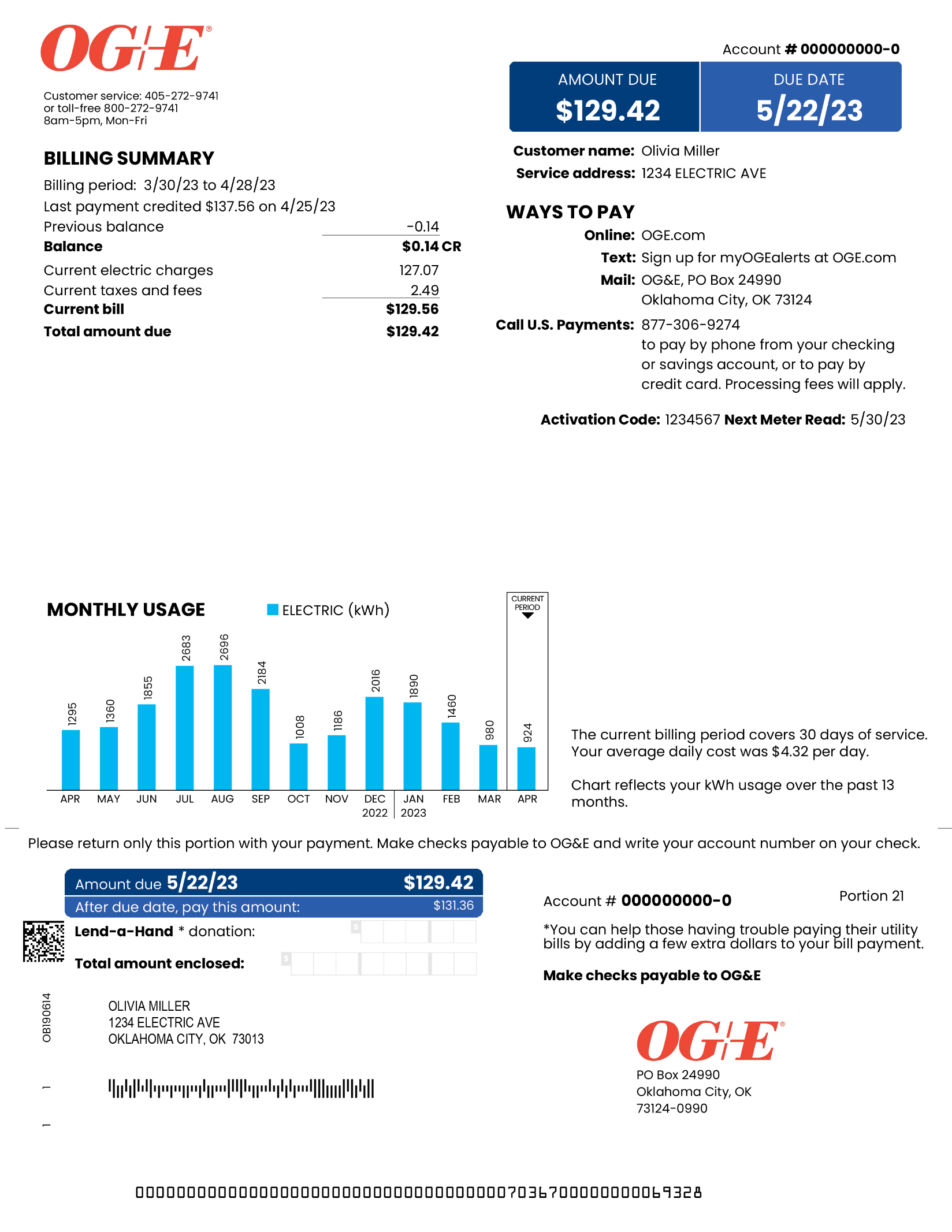 Your monthly OG&E bill provides more information than just your bill amount. This is a sample of a typical Oklahoma residential bill. Your bill is personalized based on your rate and account information, so it may be slightly different.