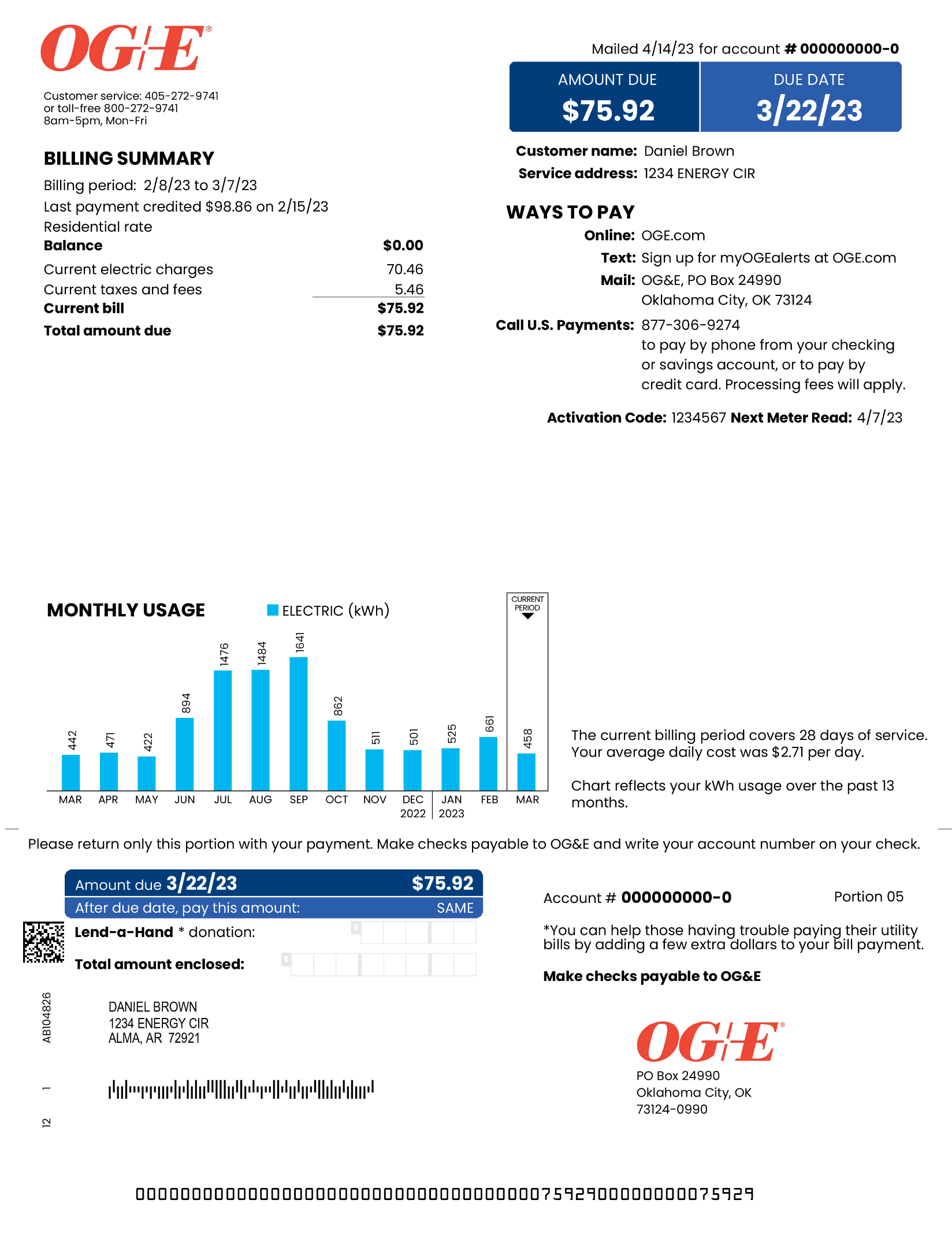 Your monthly OG&E bill provides more information than just your bill amount. This is a sample of a typical Arkansas residential bill. Your bill is personalized based on your rate and account information, so it may be slightly different.